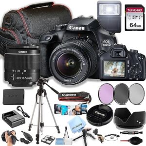 Canon EOS 4000D / Rebel T100 DSLR Camera w/EF-S 18-55mm F/3.5-5.6 Zoom Lens + 64GB Memory, Filters,Case, Tripod, Flash, and More (34pc Bundle)