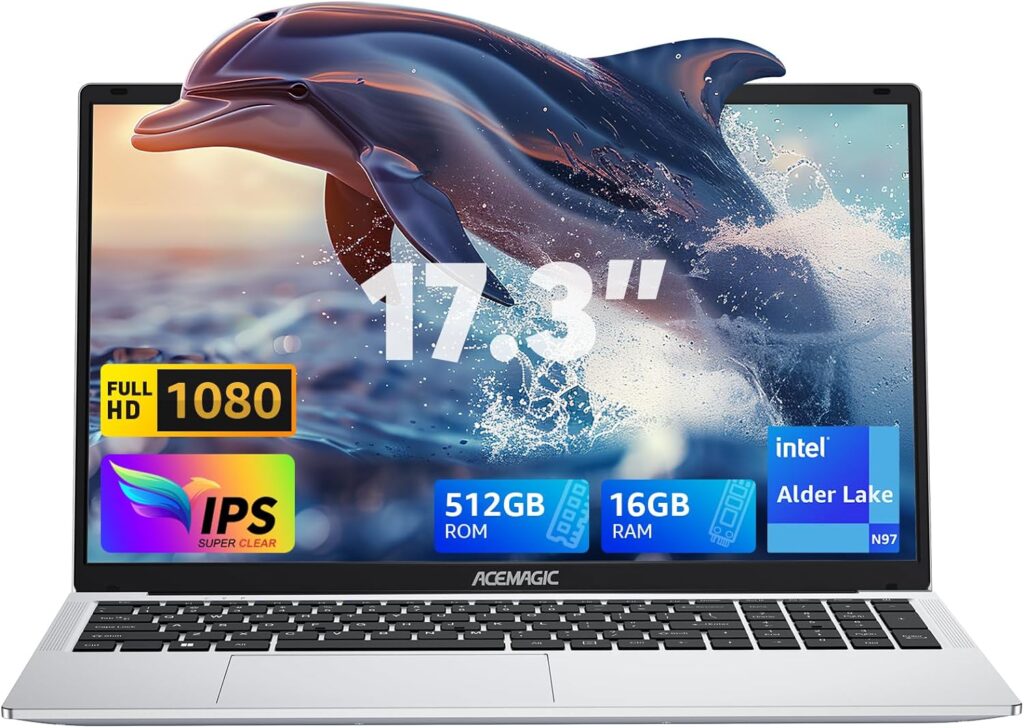 2024 Newest Laptop,17.3-Inch FHD Display Laptop with Intel Quad Core-12th Alder Lake N97(Up to 3.6GHz), 16GB RAM 512GB ROM Business Laptop Computer, 6000Mah Battery,Silver