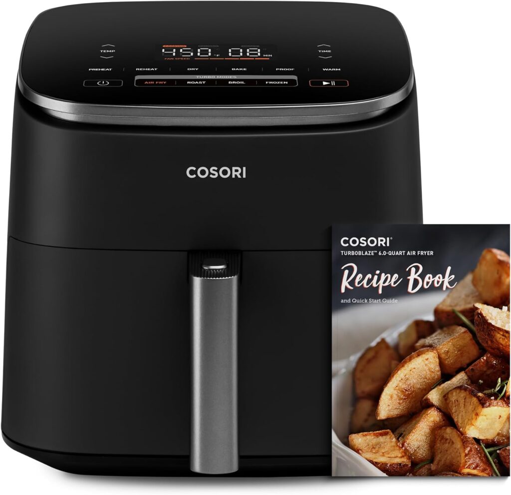 COSORI Air Fryer TurboBlaze 6Qt, 9-in-1 Airfryer, 5 Speeds Dry, Roast, Proof, 15-MINS In-App Recipes, Compact, Quickly Cook, 95% Less Oil for Healthy Meals, Easy Clean, Dark Gray