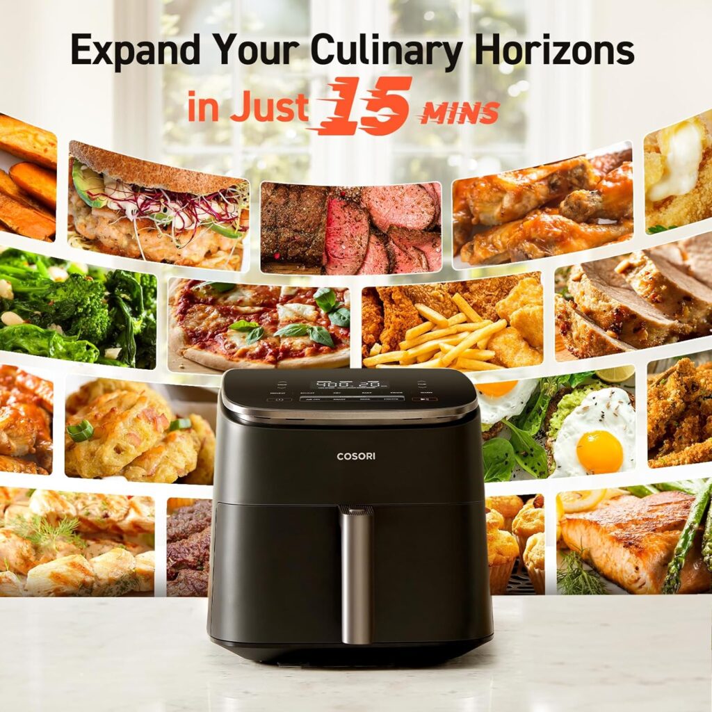 COSORI Air Fryer TurboBlaze 6Qt, 9-in-1 Airfryer, 5 Speeds Dry, Roast, Proof, 15-MINS In-App Recipes, Compact, Quickly Cook, 95% Less Oil for Healthy Meals, Easy Clean, Dark Gray