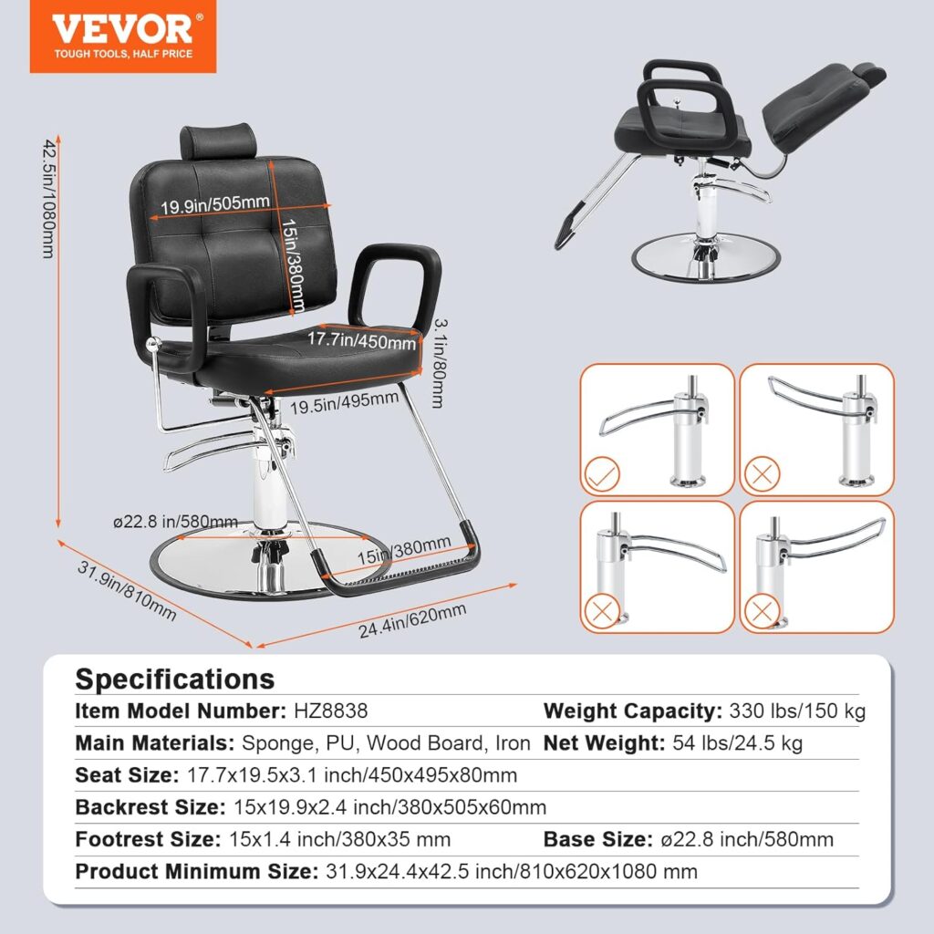 VEVOR Hydraulic Barber Chair 360° Swivel 90°-125° Reclining for Hair Stylist, Max Load Weight 330 lbs, Beauty Salon Equipment, Black