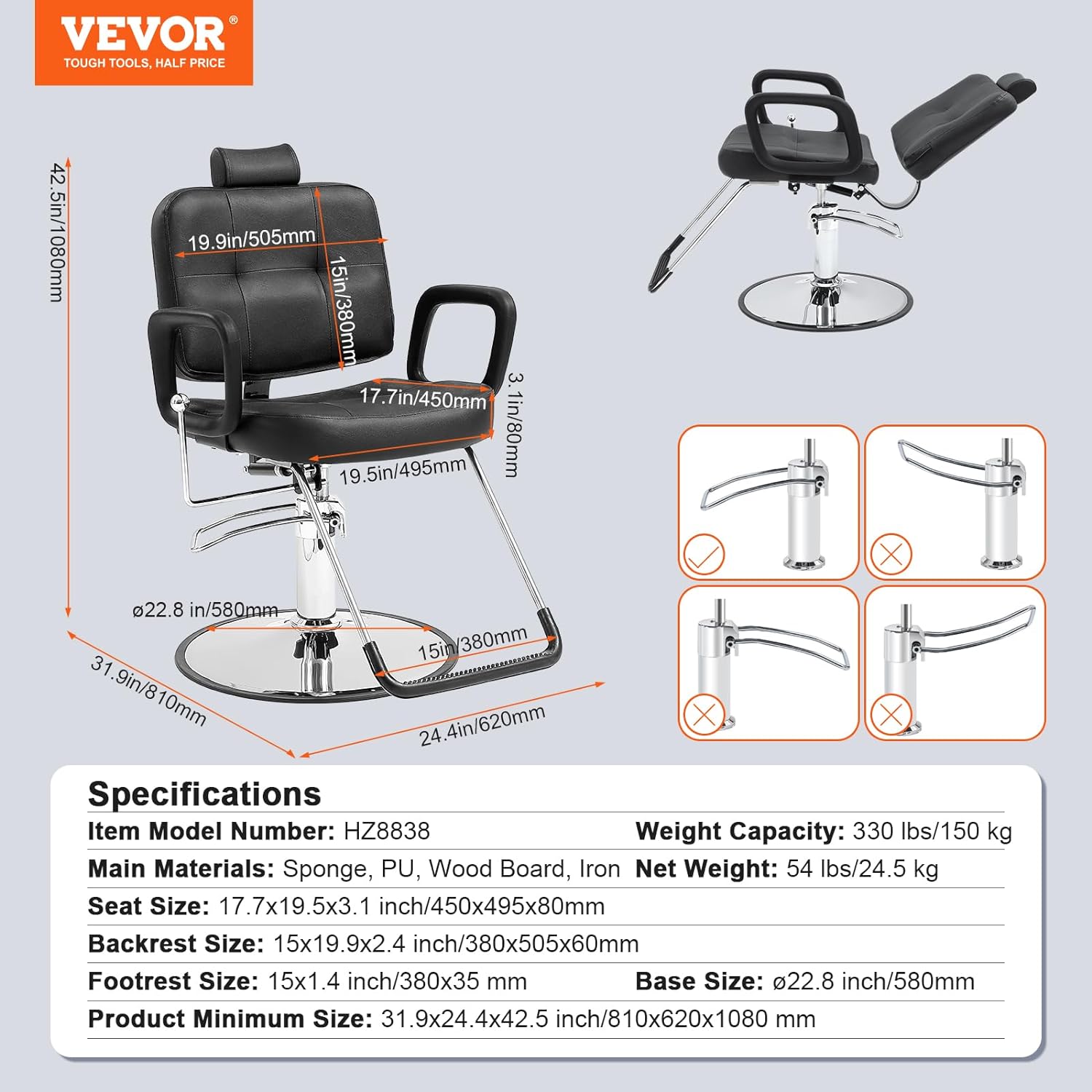 vevor hydraulic barber chair 360 swivel 90 125 reclining for hair stylist max load weight 330 lbs beauty salon equipment 1