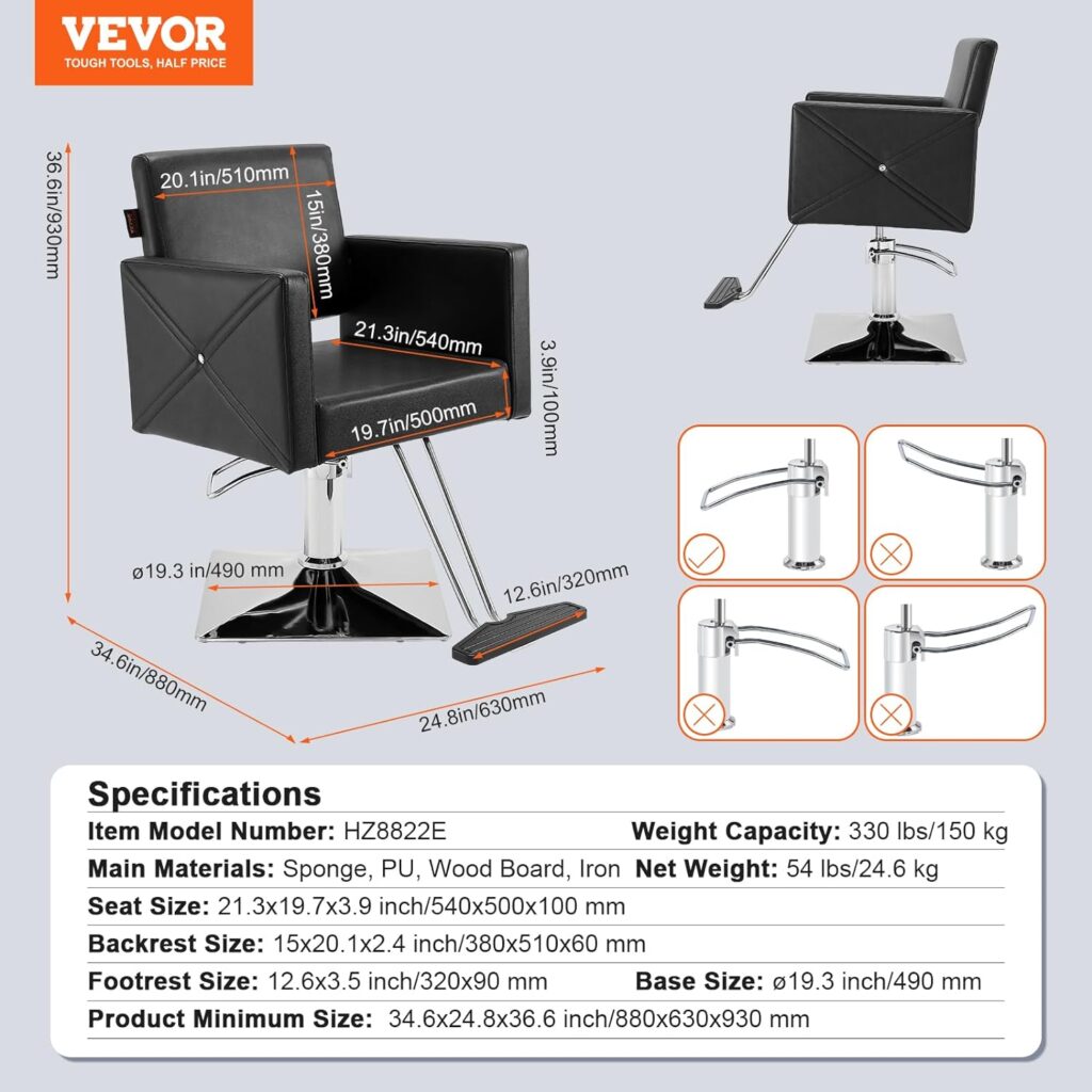 VEVOR Salon Chair for Hair Stylist 360° Swivel with Heavy Duty Hydraulic Pump, Max Load Weight 330 lbs, Spa Beauty Equipment for Barbershop, Home and Hairdresser, Black