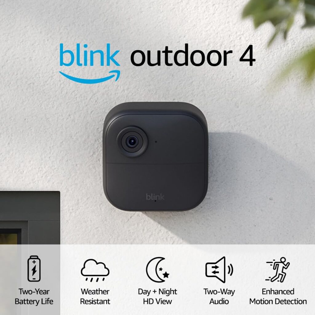 Blink Outdoor 4 (4th Gen) — Wire-free smart security camera, two-year battery life, two-way audio, HD live view, enhanced motion detection, Works with Alexa – 1 camera system