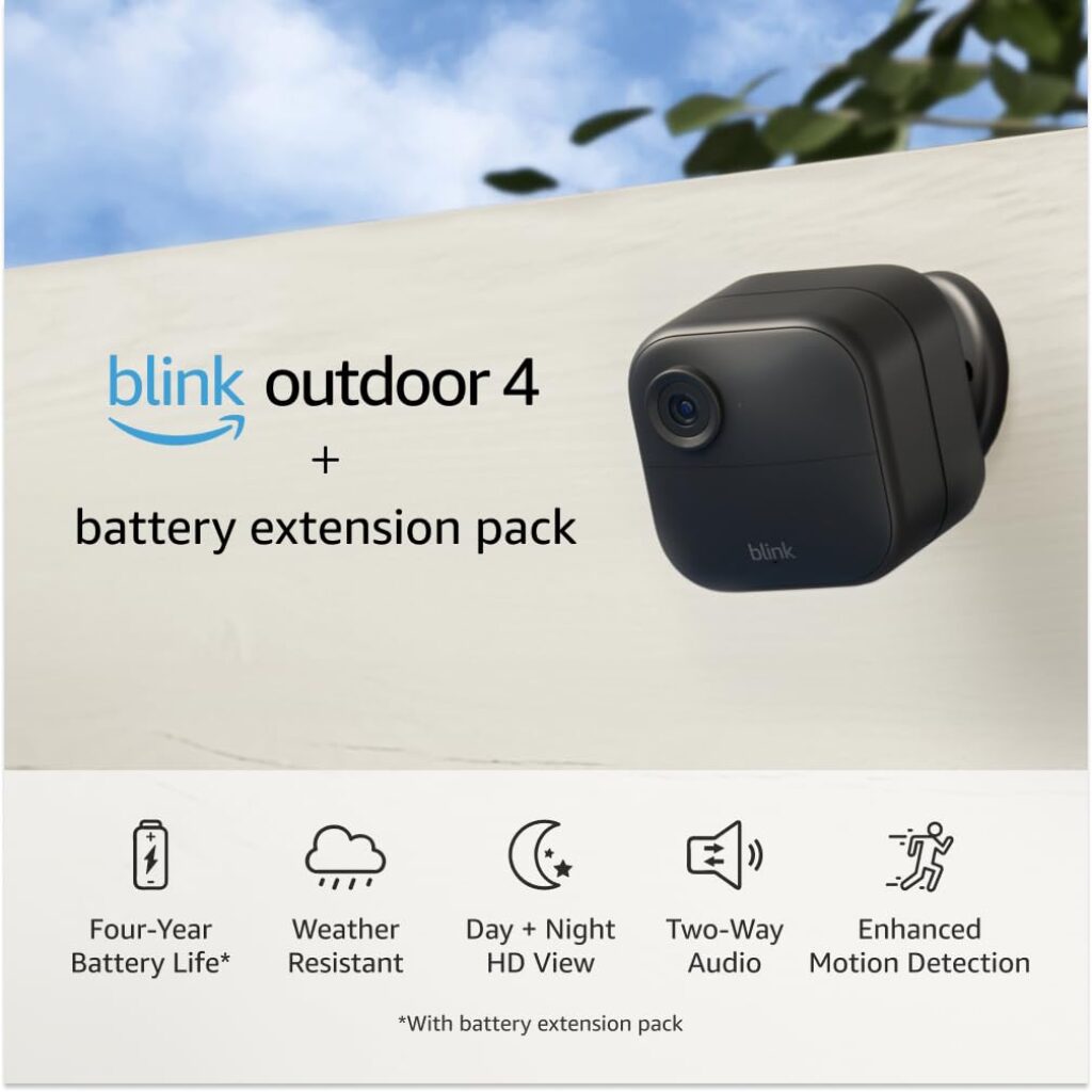 Blink Outdoor 4 (4th Gen) — Wire-free smart security camera, two-year battery life, two-way audio, HD live view, enhanced motion detection, Works with Alexa – 1 camera system