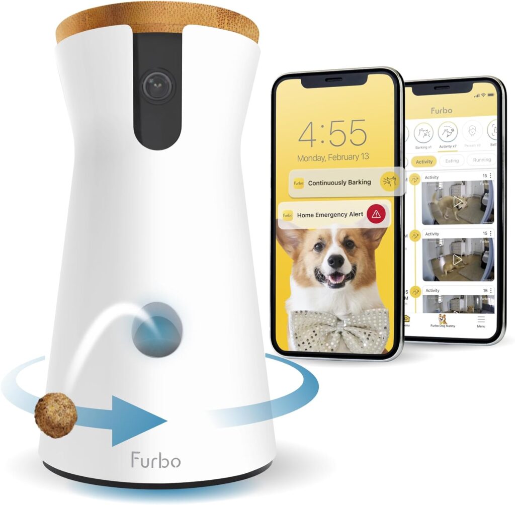 Furbo 360° Dog Camera + Dog Nanny w/Smart Alerts (Paid App Subscription Required): Home Emergency  Dog Safety Alerts | 360° Rotating Dog Tracking, Treat Toss, Night Vision, 2-Way Audio, Bark Alert