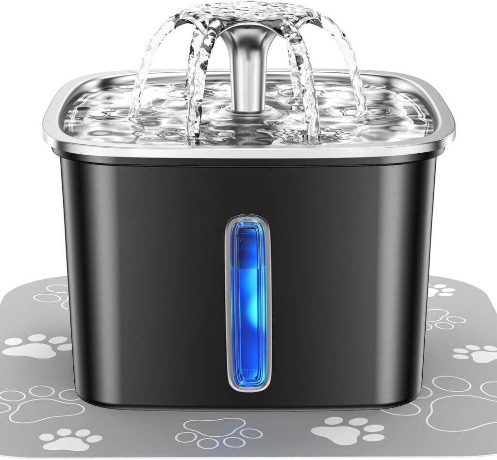 Veken Innovation Award Winner Stainless Steel Cat Water Fountain, 95oz/2.8L Automatic Pet Fountain Dog Water Dispenser with Replacement Filters  Silicone Mat for Cats, Dogs, Multiple Pets (Silver)