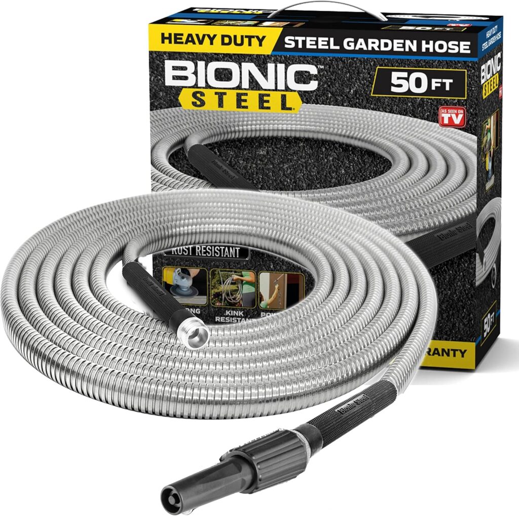 Bionic Steel Metal Garden Hose 50 Ft with Nozzle, 304 Stainless Steel Water Hose, 50 Ft Garden Hose Tough  Flexible, Lightweight, Crush Resistant Fittings, Kink  Tangle Free, Rust Proof - 2024 Model