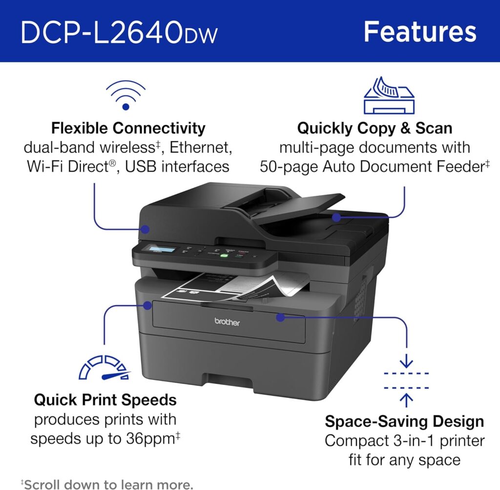 Brother DCP-L2640DW Wireless Compact Monochrome Multi-Function Laser Printer with Copy and Scan, Duplex, Mobile, Black  White | Includes Refresh Subscription Trial(1), Amazon Dash Replenishment Ready