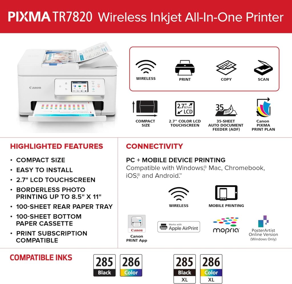 Canon PIXMA TR7020a All-in-One Wireless Color Inkjet Printer, with Duplex Printing, Mobile Printing, and Auto Document Feeder, Black, Works with Alexa