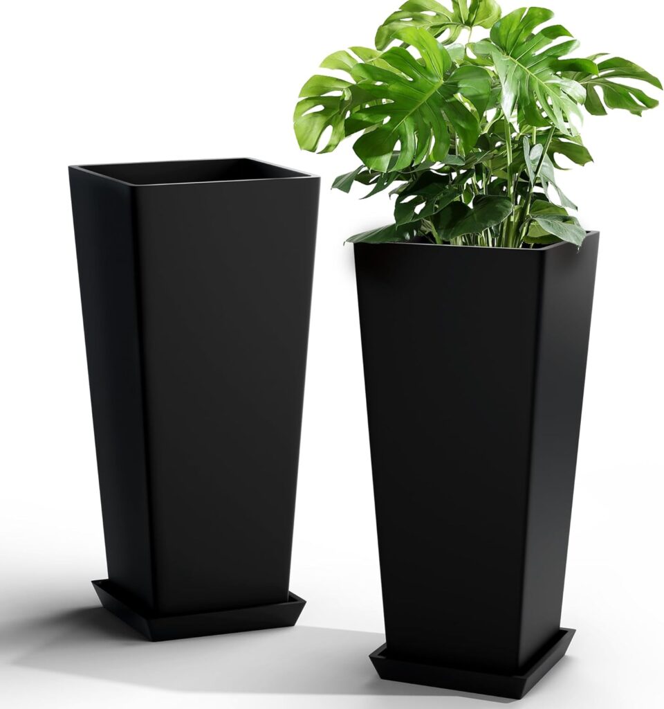 Elevens Set of 2 Tall Outdoor Planters 24 Inch, Large Planters for Indoor Outdoor Plants, Tapered Square Flower Pots with Tray for Patio,Black