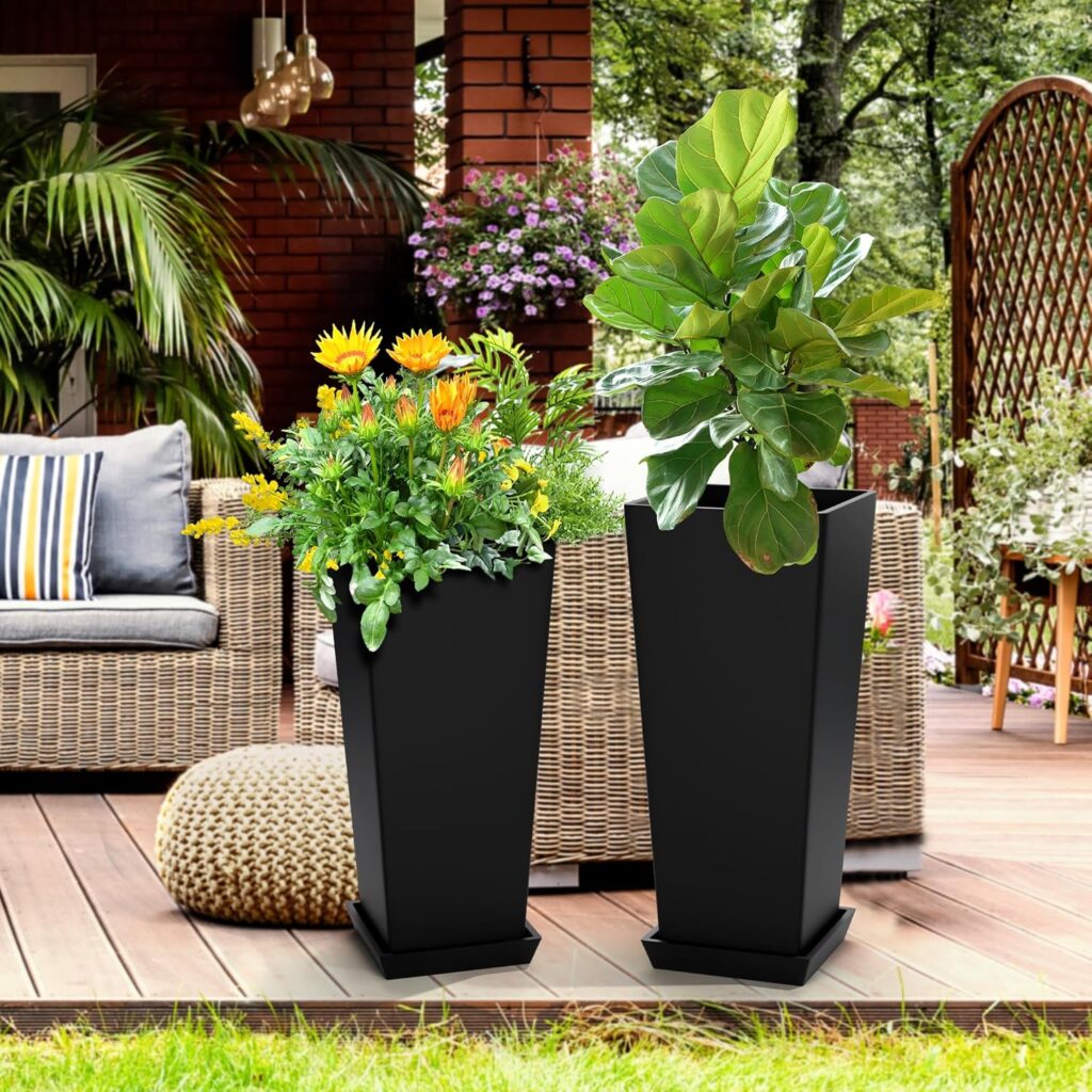 Elevens Set of 2 Tall Outdoor Planters 24 Inch, Large Planters for Indoor Outdoor Plants, Tapered Square Flower Pots with Tray for Patio,Black