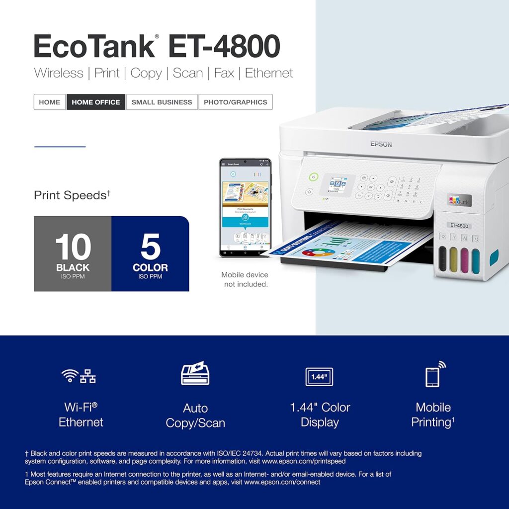 Epson EcoTank ET-4800 Wireless All-in-One Cartridge-Free Supertank Printer with Scanner, Copier, Fax, ADF and Ethernet – Ideal-for Your Home Office, White