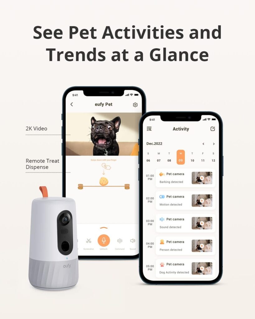 eufy 2K Pet Camera with Phone App, New 2023, 360° View, On-Device AI Tracking, Dog Camera with Treat Dispenser, 2-Way Audio, Doggy Diary, Bark Alerts, Local Storage, No Monthly Fee