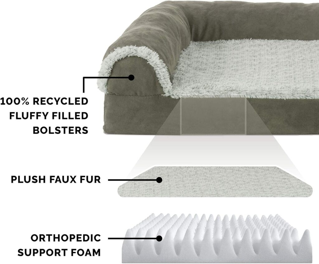 Furhaven Orthopedic Dog Bed for Large Dogs w/ Removable Bolsters  Washable Cover, For Dogs Up to 95 lbs - Two-Tone Plush Faux Fur  Suede L Shaped Chaise - Stone Gray, Jumbo/XL