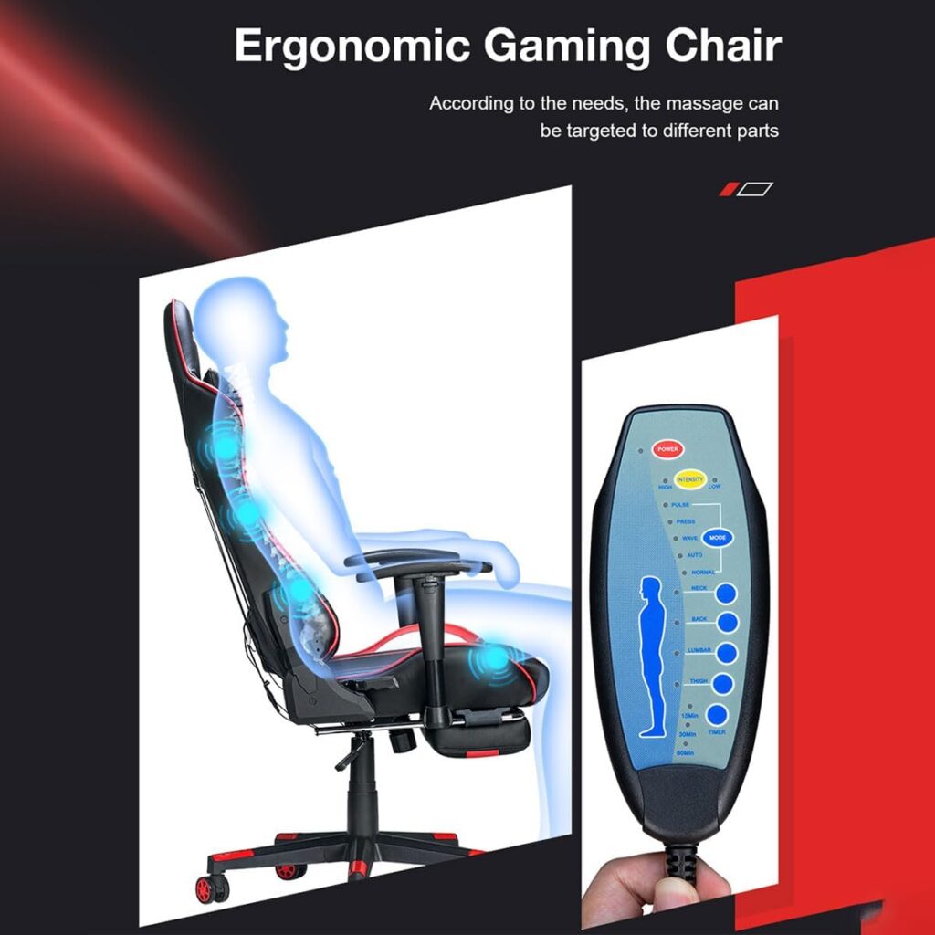 Gaming Chair Massage PC Gaming Chair Office Chair Ergonomic Computer Chair with Rolling Swivel Task Chair Lumbar Support Footrest Headrest, Light Blue