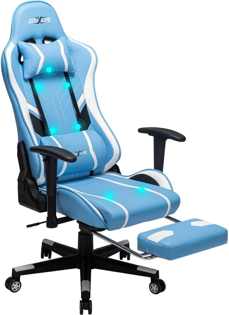 Gaming Chair Massage PC Gaming Chair Office Chair Ergonomic Computer Chair with Rolling Swivel Task Chair Lumbar Support Footrest Headrest, Light Blue