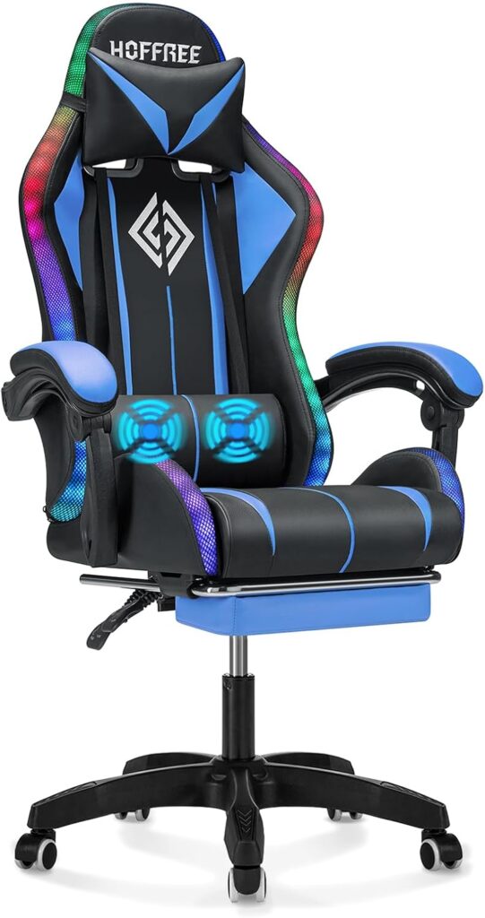 Gaming Chair Massage with LED RGB Lights and Footrest Ergonomic Computer Gaming Chair with High Back Video Game Chair with Adjustable Lumbar Support Red and Black