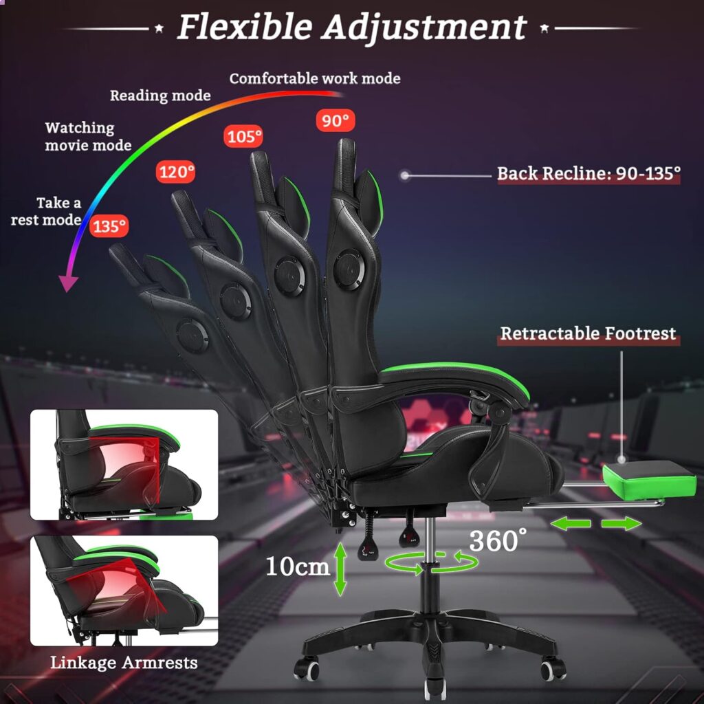 Gaming Chair with Bluetooth Speakers and RGB LED Lights Ergonomic Massage Computer Gaming Chair with Footrest Video Game Chair High Back with Lumbar Support Blue and Black