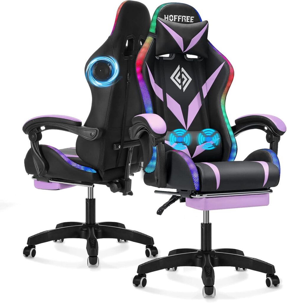 Gaming Chair with Bluetooth Speakers and RGB LED Lights Ergonomic Massage Computer Gaming Chair with Footrest Video Game Chair High Back with Lumbar Support Blue and Black