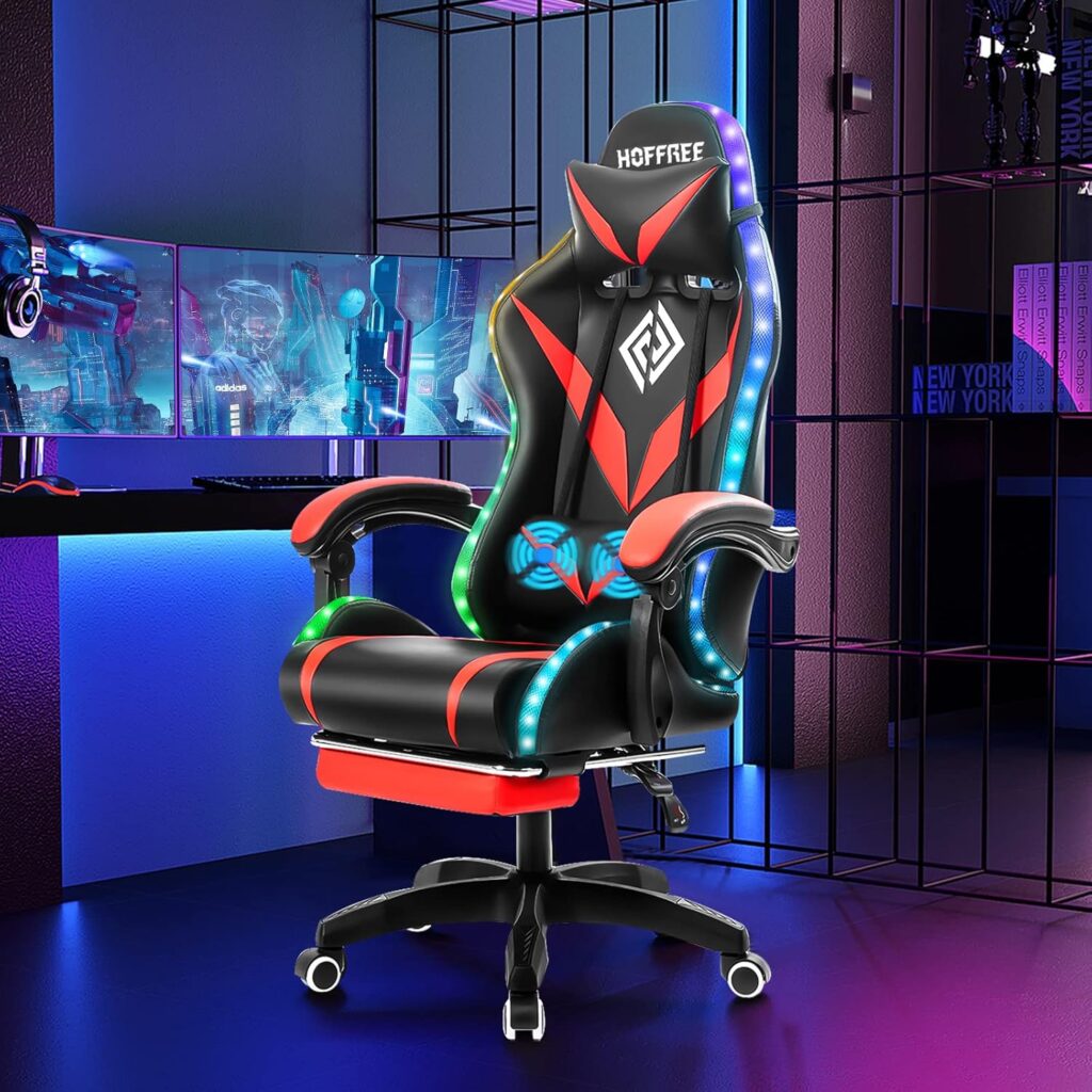 Gaming Chair with Speakers and LED Lights Ergonomic Computer Chair with Massage and Footrest Reclining Video Game Chair for Adults with Adjustable Lumbar Support Red and Black