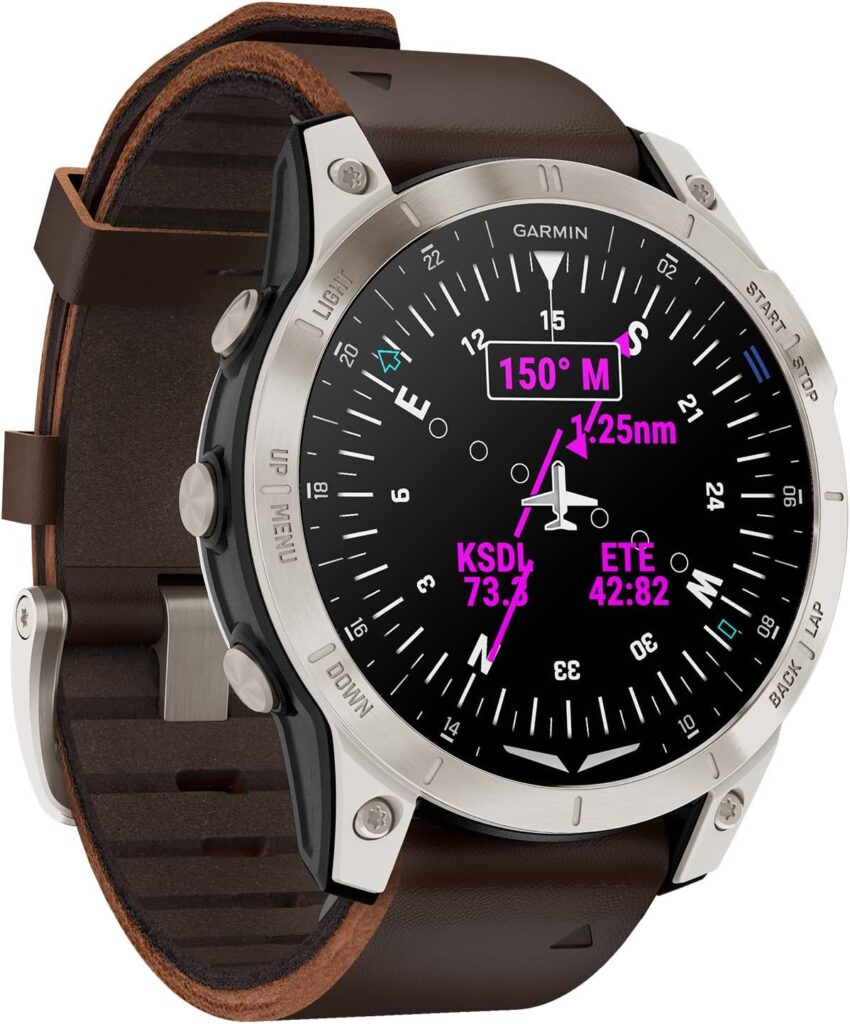 Garmin D2™ Mach 1, Touchscreen Aviator Smartwatch with GPS Moving Map, Aviation Weather, Health and Wellness Features and More, Oxford Brown Leather Band