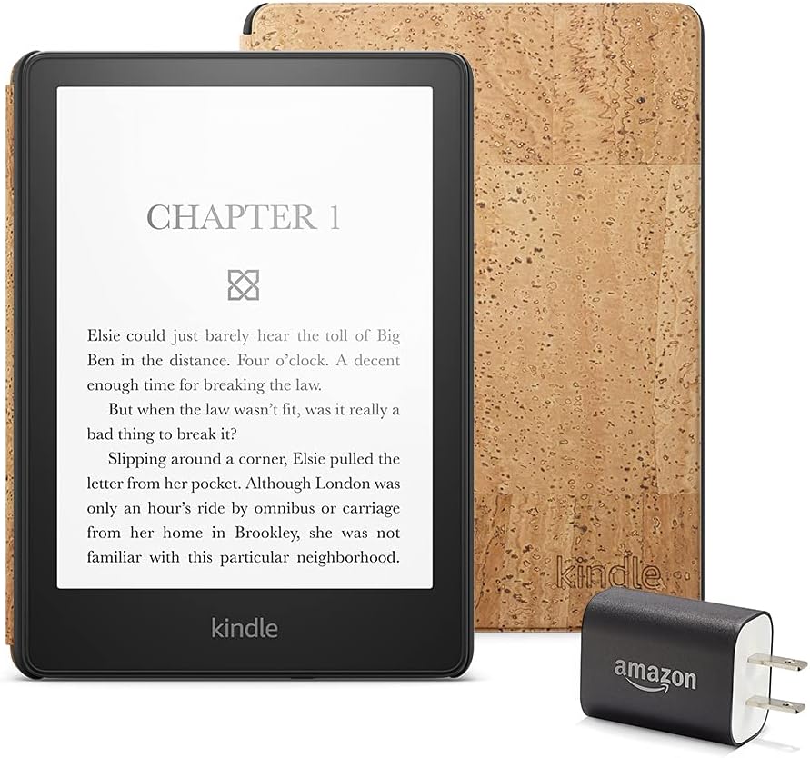 kindle paperwhite essentials bundle including kindle paperwhite 16 gb without lockscreen ads cork cover light and power