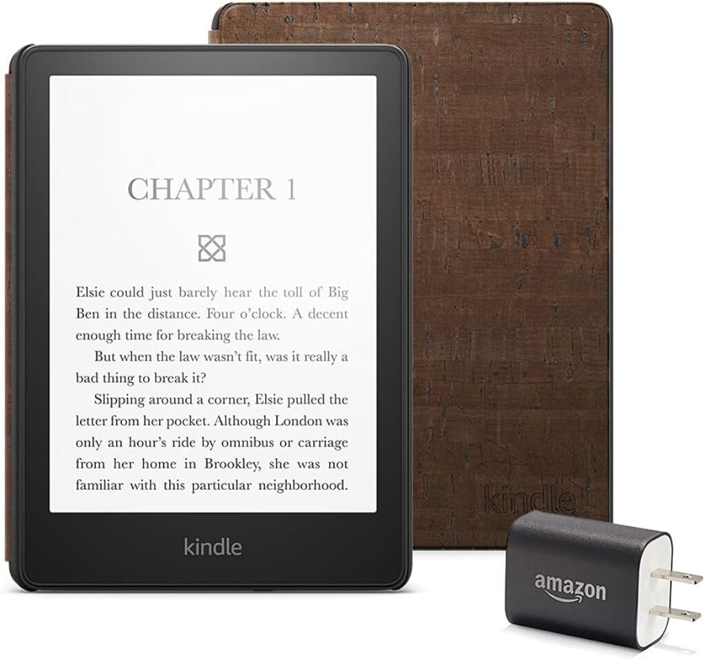 Kindle Paperwhite Essentials Bundle including Kindle Paperwhite (16 GB) Without Lockscreen Ads, Cork Cover - Light, and Power Adapter