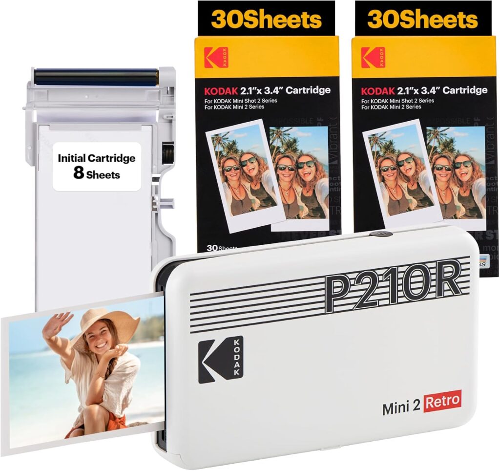 KODAK Mini 2 Retro 4PASS Portable Photo Printer (2.1x3.4 inches) Initial 8 Sheets + 60 Sheets Bundle, White