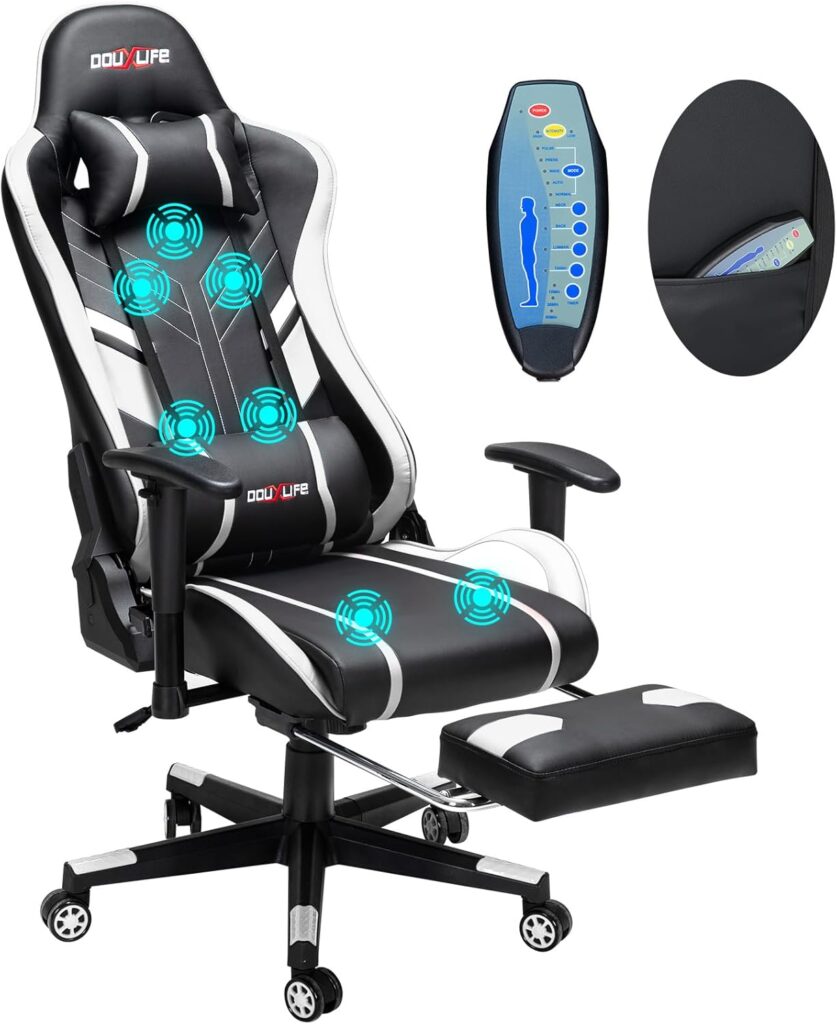 Massage Gaming Chair 7-Point, Office Chair with Footrest and Lumbar Support, Adjustable Seat Height Ergonomic, Thickened and Widened Cushions Backrest, 175° Reclining Max, White