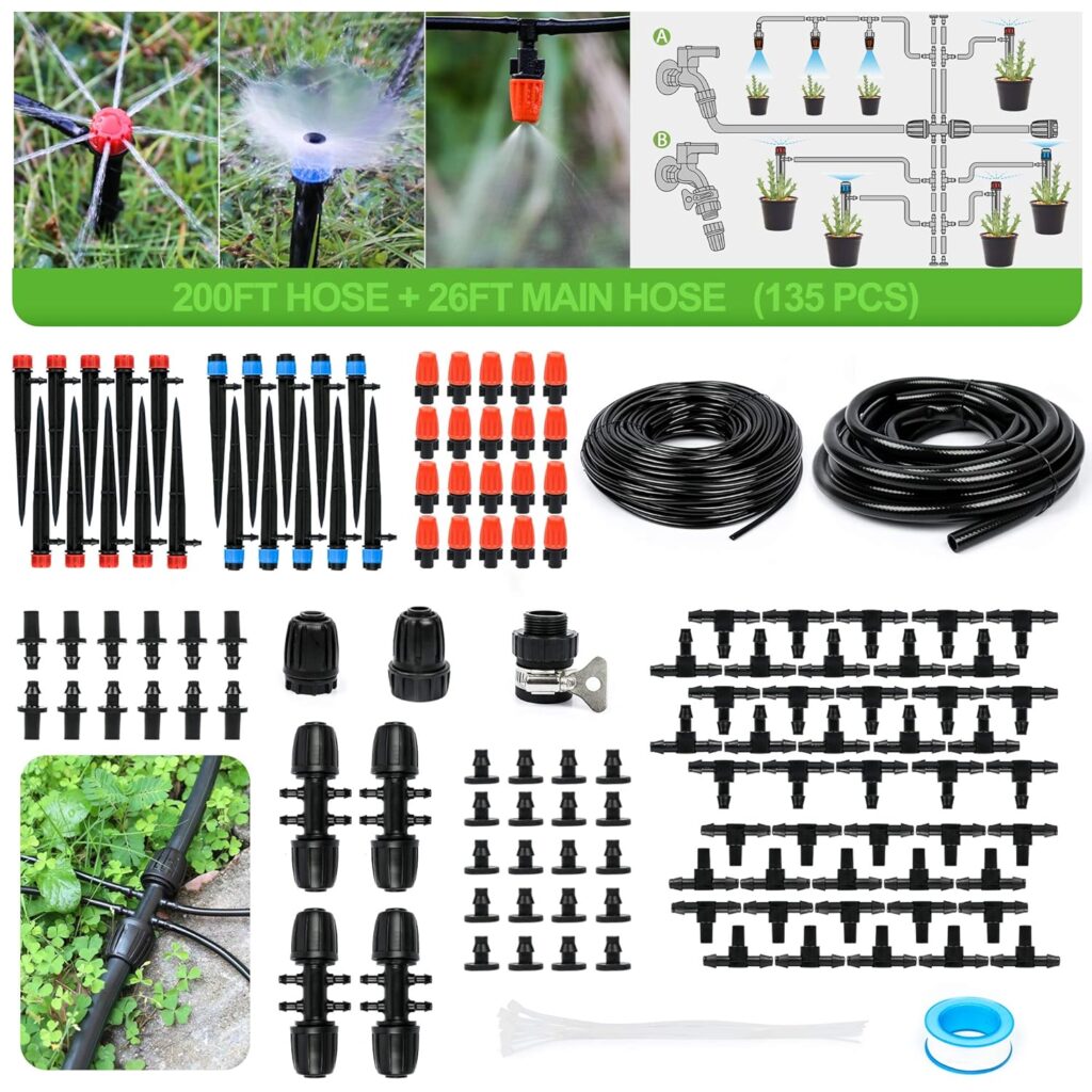 MIXC 226FT Greenhouse Micro Drip Irrigation Kit Automatic Irrigation System Patio Misting Plant Watering System with 1/4 inch 1/2 inch Irrigation Tubing Hose Adjustable Nozzle Emitters Barbed Fittings