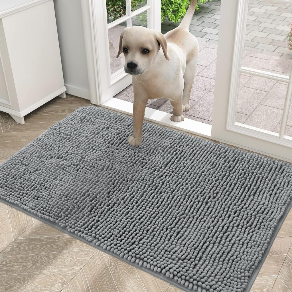 OLANLY Dog Door Mat for Muddy Paws 30x20, Absorbs Moisture and Dirt, Absorbent Non-Slip Washable Mat, Quick Dry Chenille, Mud Mat for Dogs, Entry Indoor Door Mat for Inside Floor, Grey