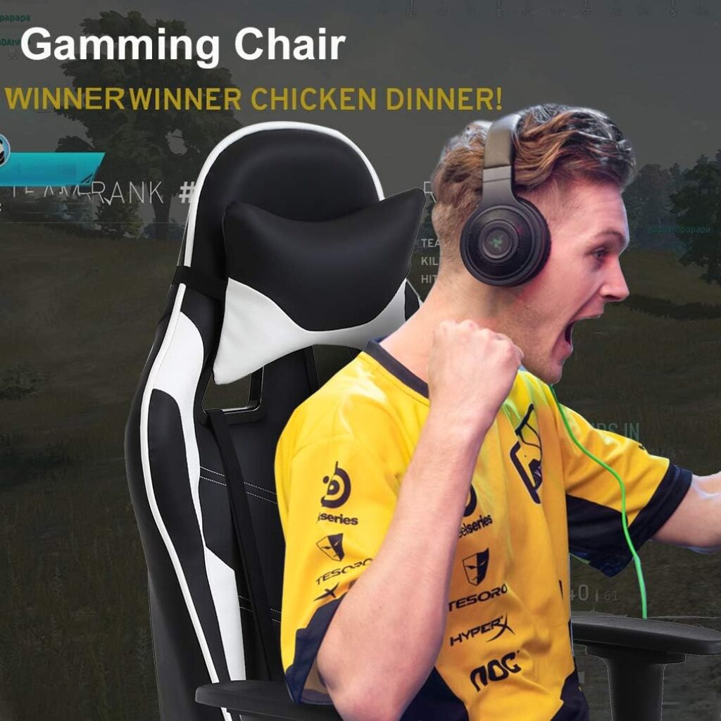 PC Gaming Chair Office Chair Ergonomic Massage PU Leather Recliner Computer Chair with Lumbar Support Rolling Swivel Task Chair for Adults, White