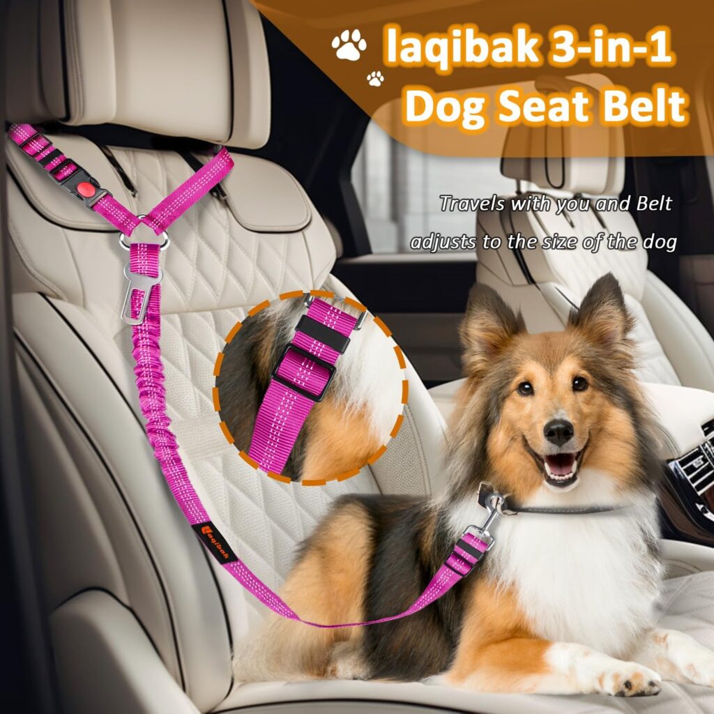 Removable Dog Seat Belt Harness for Car, 3 in 1 Pet Dog Car Seatbelt Leash, Retractable Restraint Secures to Vehicle Headrest  Adjustable Reflective Bungee Dog Seatbelt Tether with Poop Bag Holder