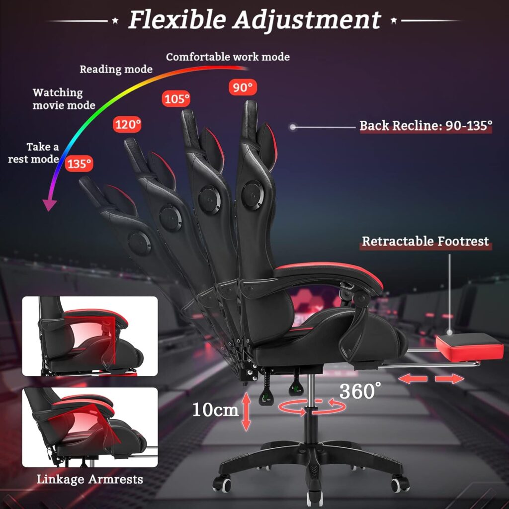 RGB Gaming Chair with Bluetooth Speakers and LED Lights Ergonomic Massage Computer Game Chair with Footrest High Back Music Video Game Chair with Lumbar Support Red and Black