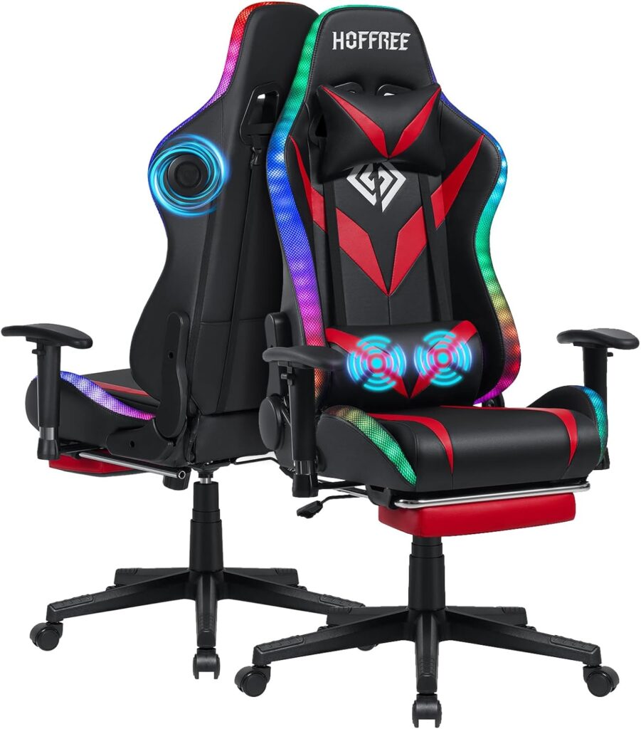 RGB Gaming Chair with Bluetooth Speakers Racing Gamer Chair Massage and Led Lights Swivel Game Chair with Footrest High Back Computer Desk Chair Red and Black