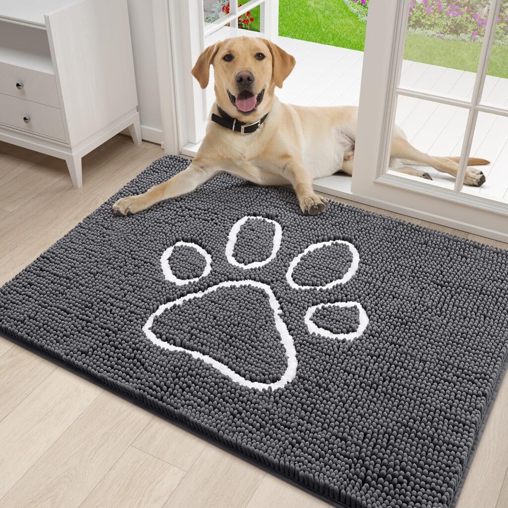 smiry Dog Door Mat for Muddy Paws, Absorbent Dirt Trapper Non-Slip Washable Mat, Quick Dry Chenille, Mud Mat for Dogs, Entry Indoor Door Mat for Inside Floor (30x20 Inches, Grey)