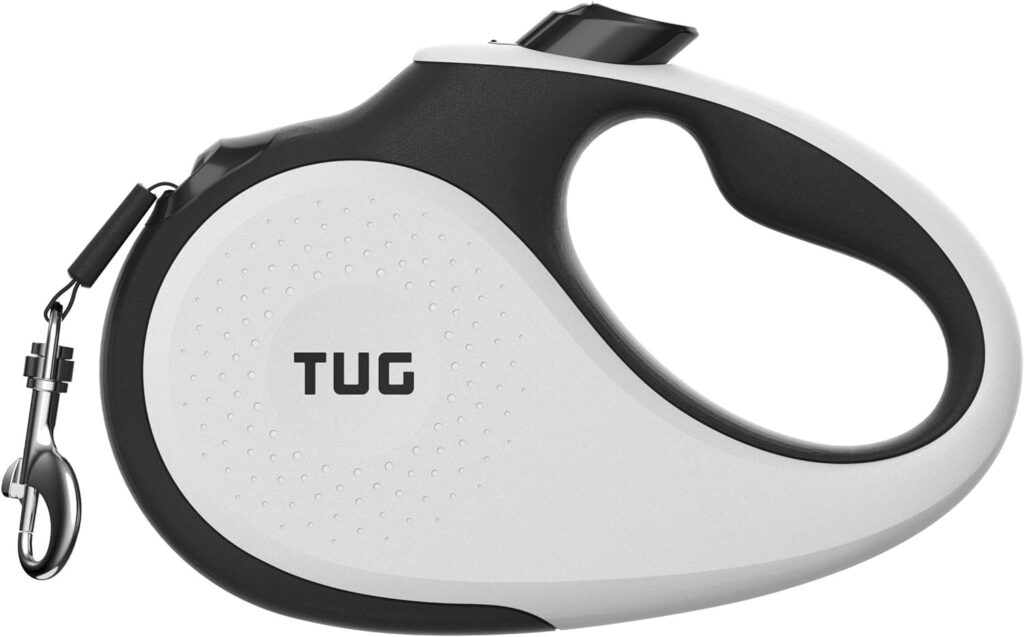 TUG 360° Tangle-Free Retractable Dog Leash | 16 ft Strong Nylon Tape | One-Handed Brake, Pause, Lock (Medium, White)