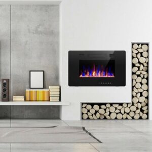 Ebern Designs Recessed & Wall Mounted Electric Fireplace, Remote Control w/ Timer, Adjustable Flame Color & Speed