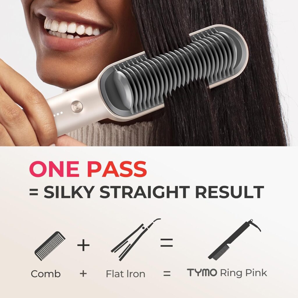 Hair Straightener Brush, TYMO Ring Hair Straightener Comb Straightening Brush for Women with 5 Temps 20s Fast Heating  Dual Voltage, Black