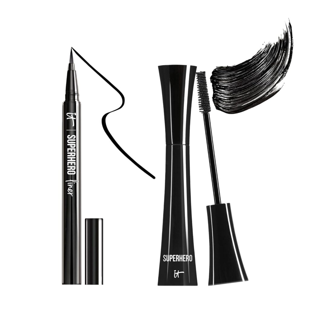 IT Cosmetics Superhero Eye-Defining Makeup Essentials Bundle – Buildable, Fuller Lash Line – Superhero Volumizing and Lengthening Black Mascara + Superhero Waterproof and Smudge-Proof Liquid Eyeliner