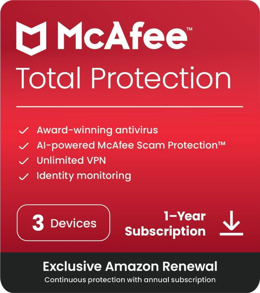 McAfee Total Protection 2024 | 3 Device | Cybersecurity Software Includes Antivirus, Secure VPN, Password Manager, Dark Web Monitoring