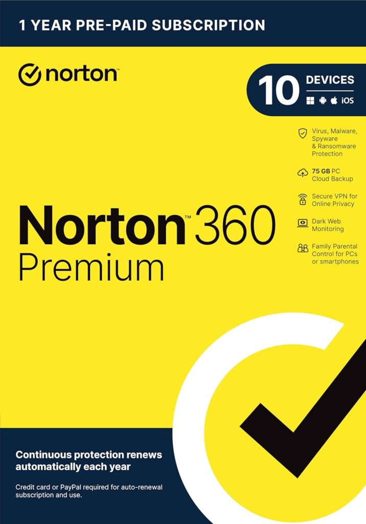 Norton 360 Premium 2024, Antivirus software for 10 Devices with Auto Renewal - Includes VPN, PC Cloud Backup  Dark Web Monitoring [Download]