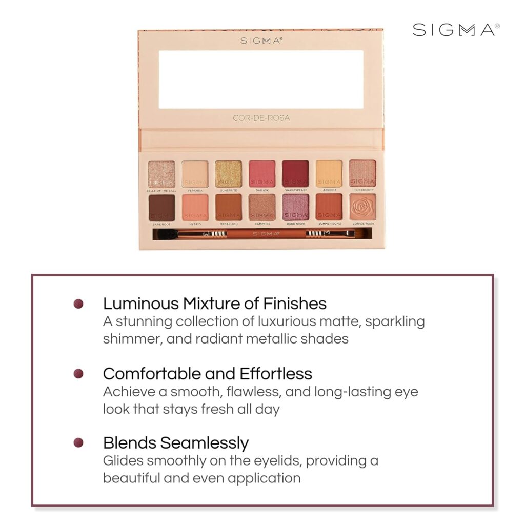 Sigma Beauty Cor-De-Rosa Eyeshadow Palette - 14 Warm Eyeshadow Shades in Matte, Shimmer and Metalic Finishes - Highly Pigmented Vegan Eye Makeup Palette - Clean Beauty Products