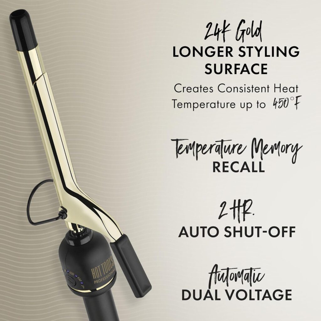 HOT TOOLS New and Improved 24K Gold Professional 1.25 Extended Barrel Curling Iron with Clamp for Tousled Curls | 24K Gold Technology for Long-Lasting Results  Longer Barrel for Easy Styling