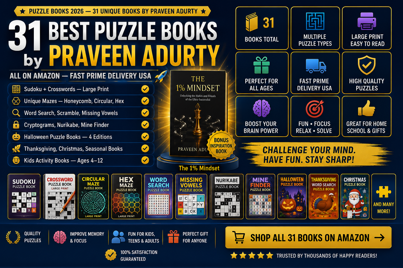 31 Best Puzzle Books by Praveen Adurty 2026 — Sudoku, Mazes, Crosswords and More on Amazon USA