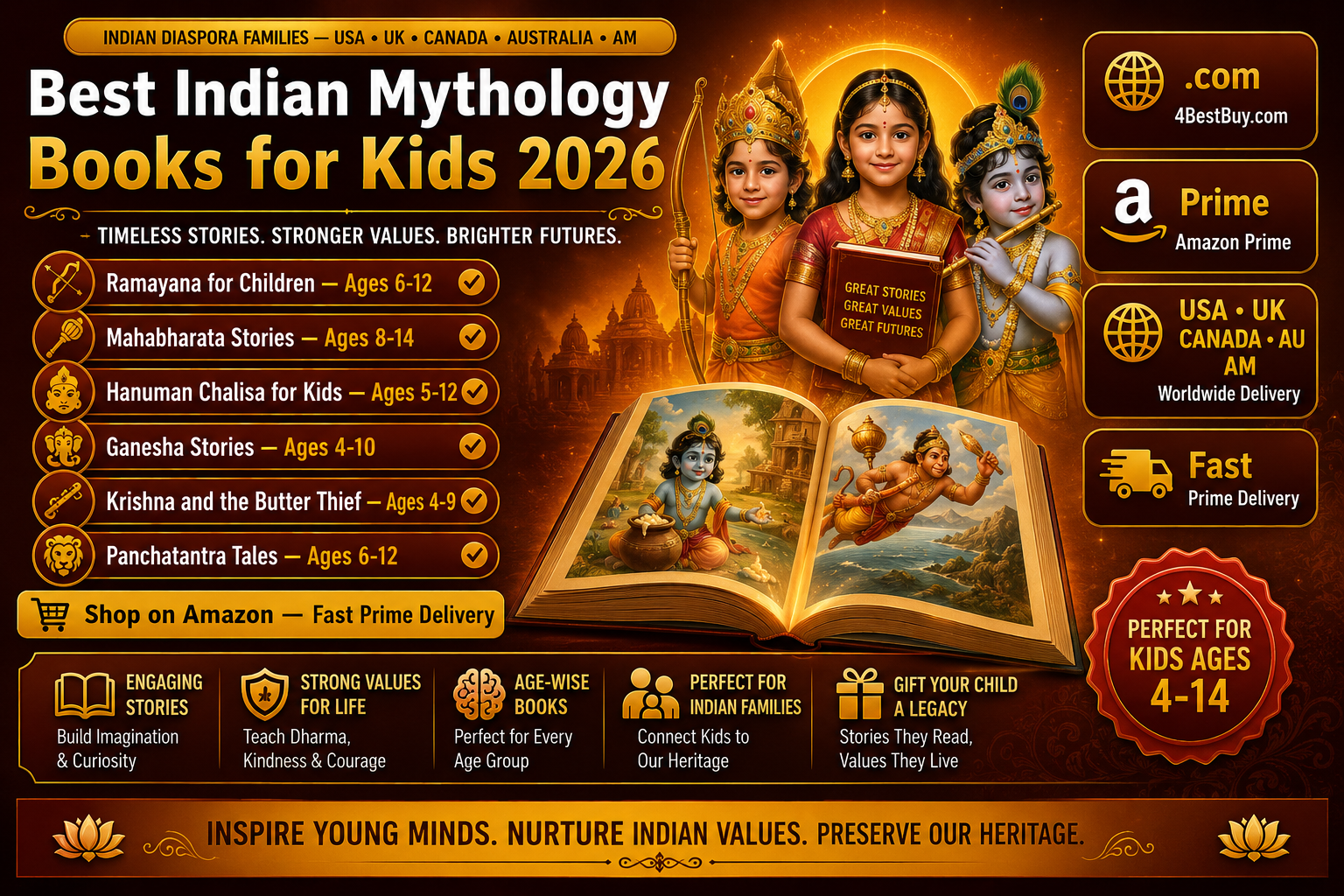 Best Indian Mythology Books for Kids 2026 — Hindu Stories on Amazon USA UK Canada Australia