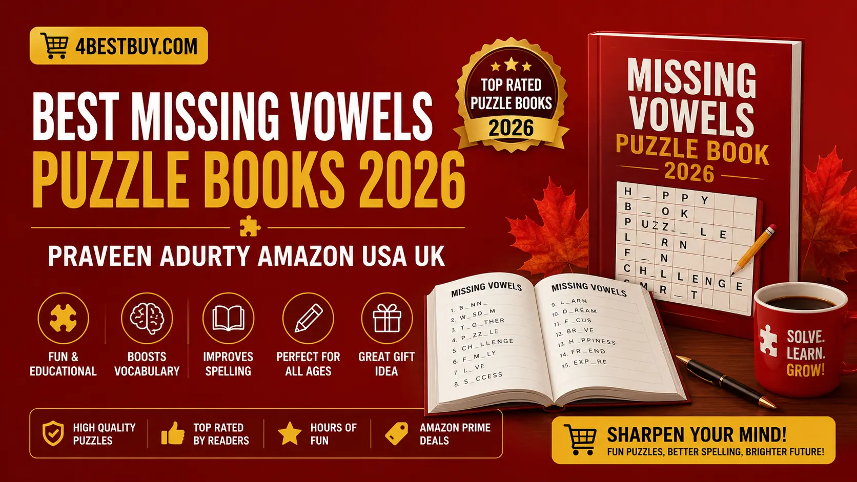 Best Missing Vowels Puzzle Books 2026 — Praveen Adurty Amazon USA UK