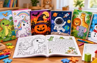 Colorful children's activity books featuring coloring pages, mazes, puzzles, and creative activities.