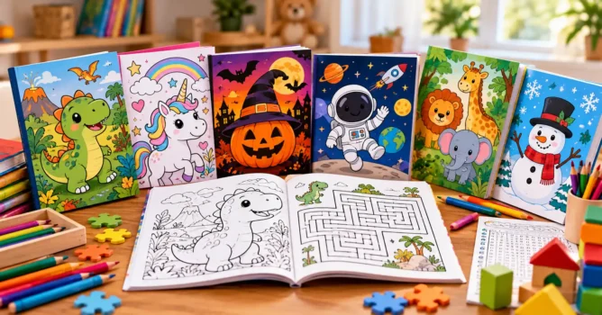 Colorful children's activity books featuring coloring pages, mazes, puzzles, and creative activities.